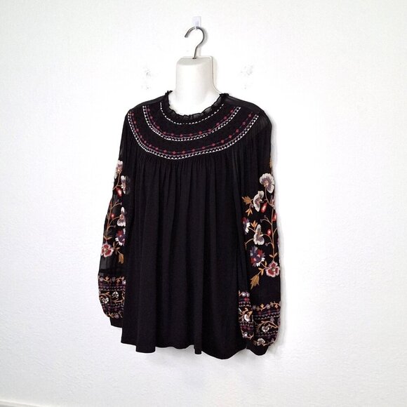 Anthropologie Floral Embroidered Blouse Sz S Relaxed Fit Beaded Boho Whimsigoth - Picture 3 of 16